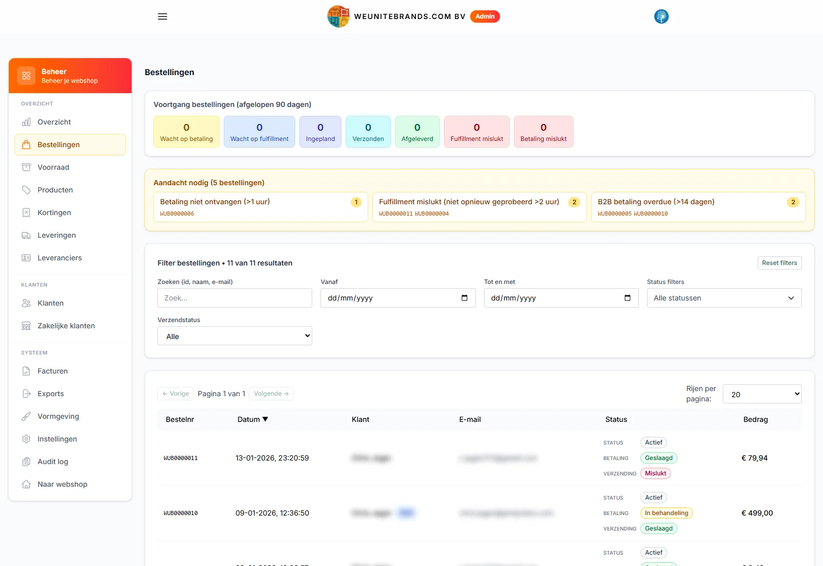 WUB platform: order overview with real-time status per order