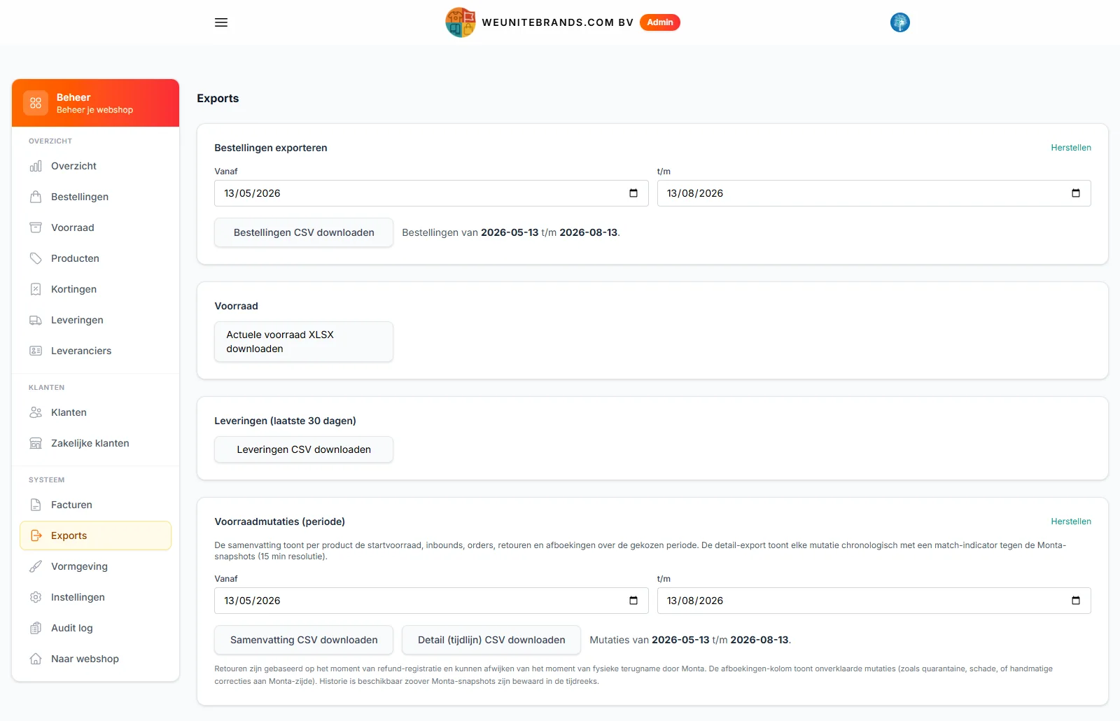 WUB platform: exports of orders, inventory, deliveries and stock mutations for bookkeeping