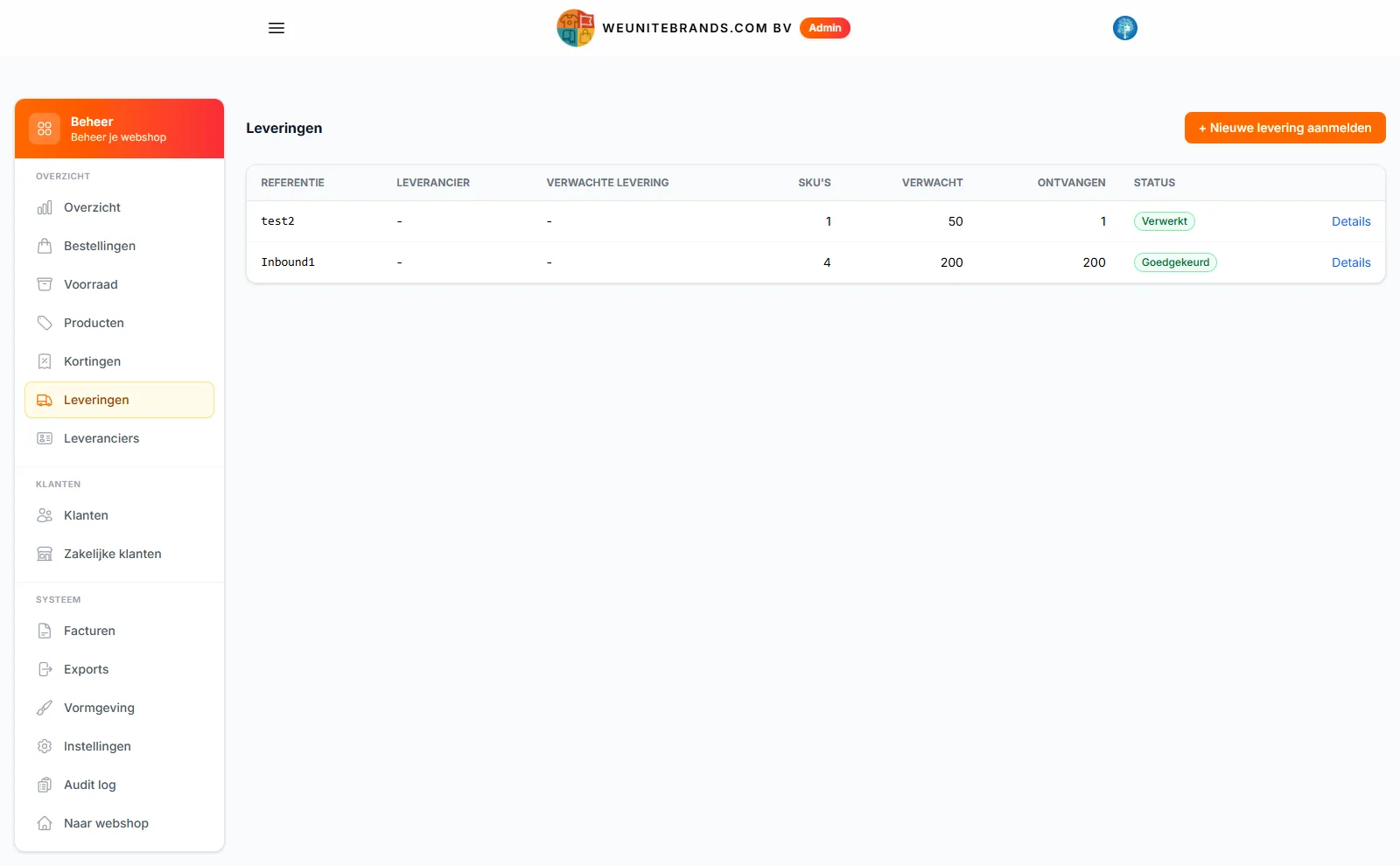 WUB platform: deliveries overview with expected and received quantities per inbound