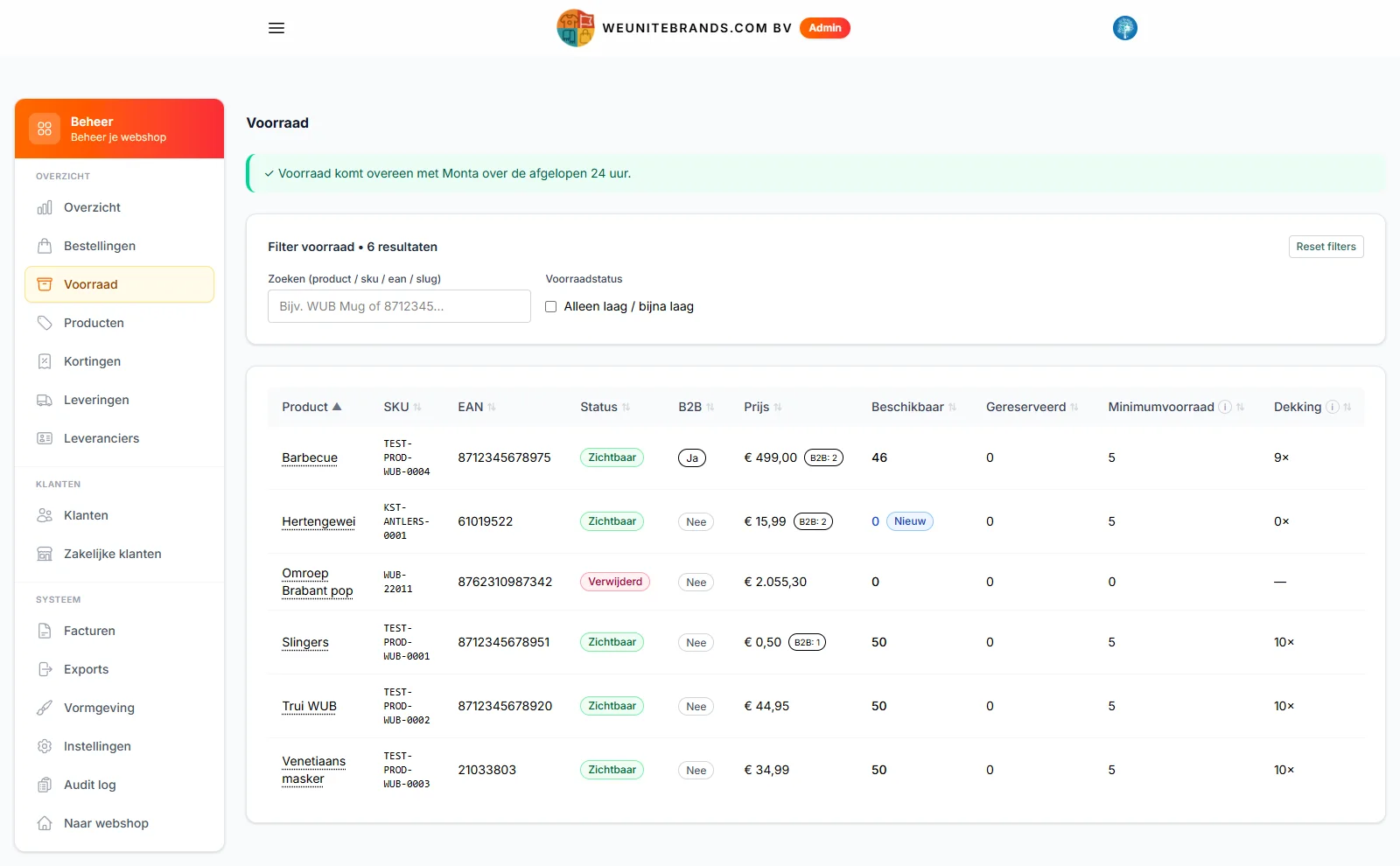 WUB platform: real-time inventory overview with available, reserved and minimum stock